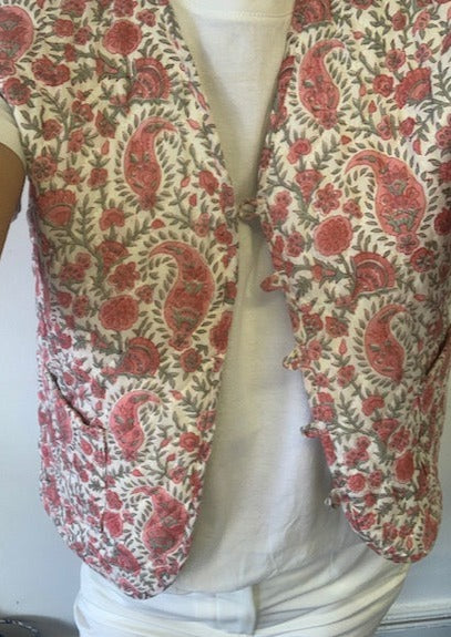Quilted waistcoat, block print cotton, pink and green reversible padded gilet, handmade short waistcoat