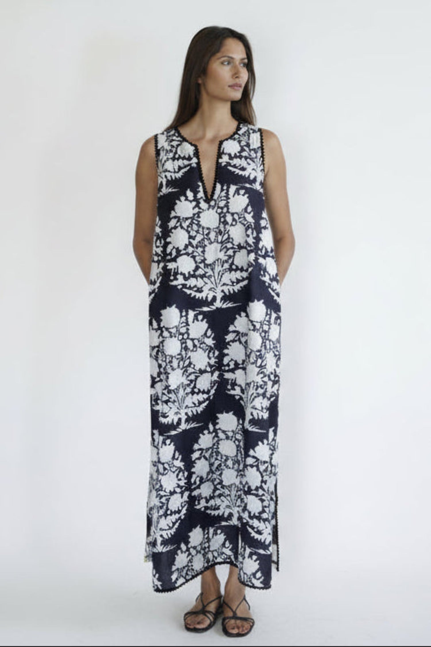 Beach kaftan dress, Black and white cotton beach coverup Marianne