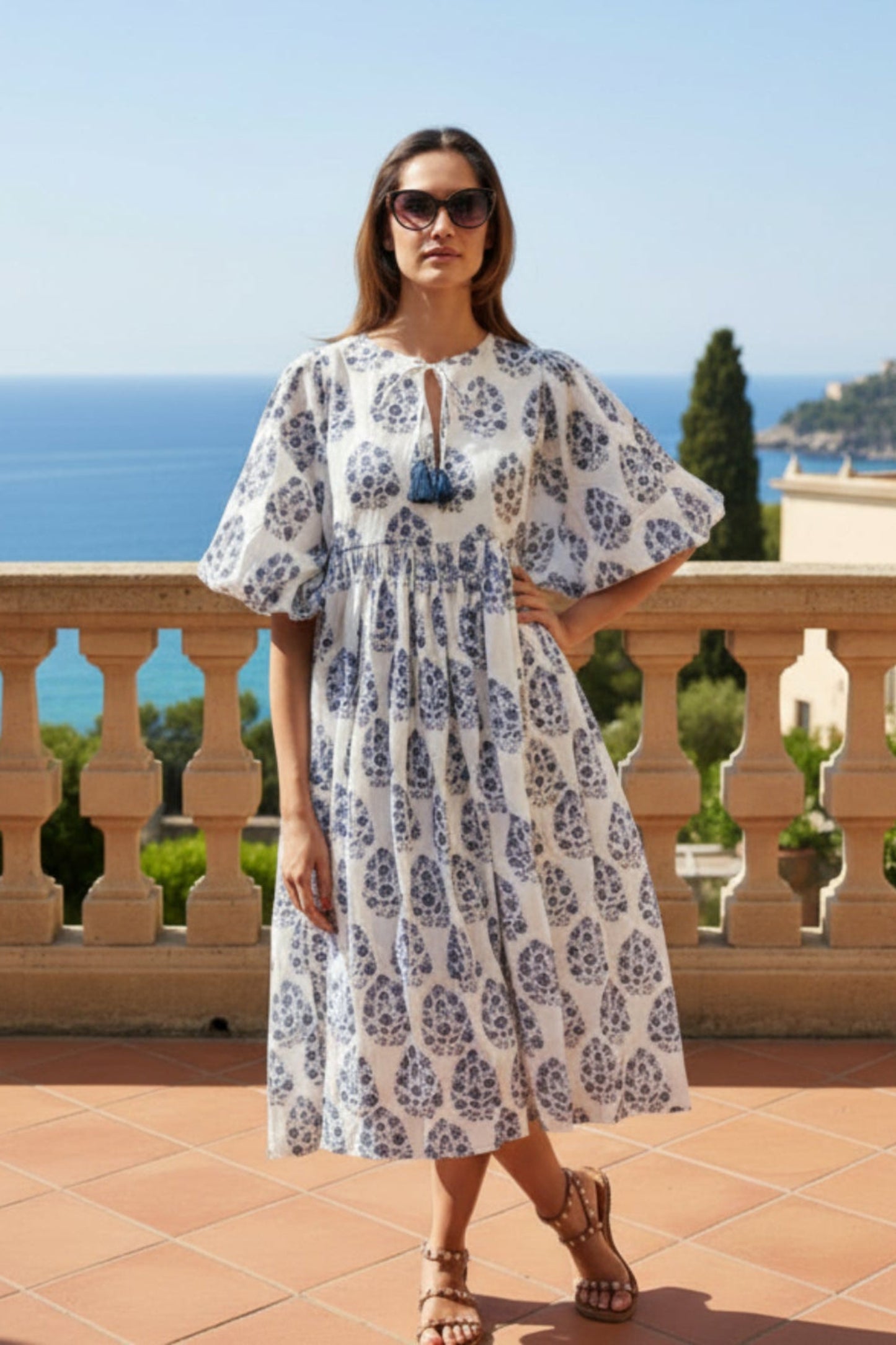 floaty cotton summerdress, blue and white block print sundress, Midi cotton dress with pockets for women. Midi-dress, midi sundress, cotton midi-dress for women. White sundress with pockets. Summerdress in cotton with pockets. Luxury beachwear dress, Daughters of India midi dress, beach dress Dummerdress in cotton with pockets. Luxury beachwear dress, Daughters of India midi dress, beach dress 