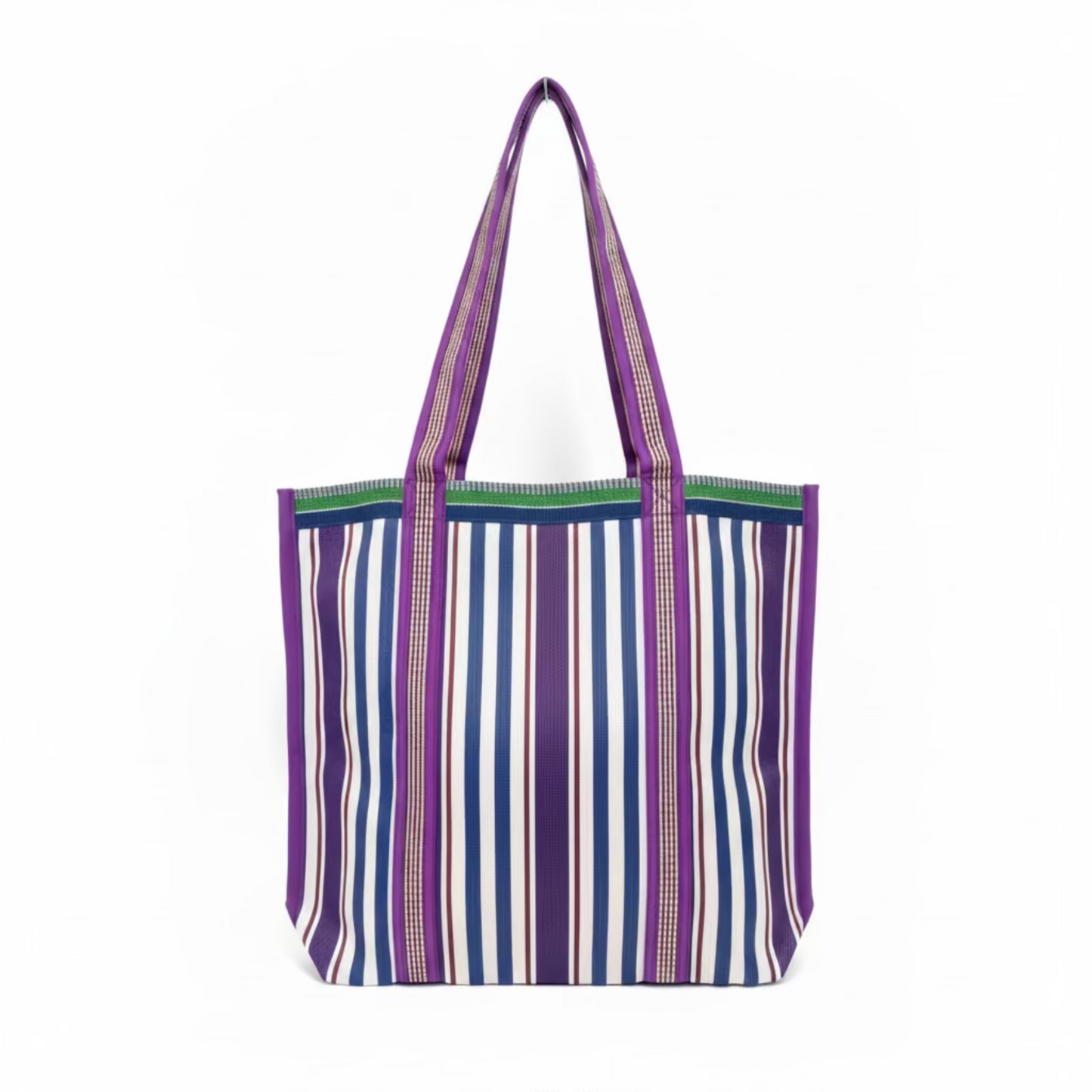 Striped tote bag with purple, blue, and green pattern on a white background