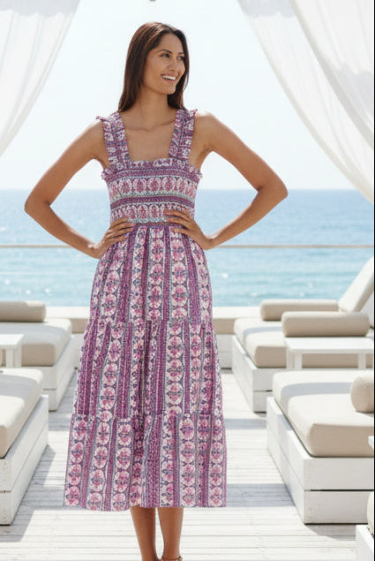 purple and white cotton floral maxi dress with ruching at the bust. summer maxi dress with pockets