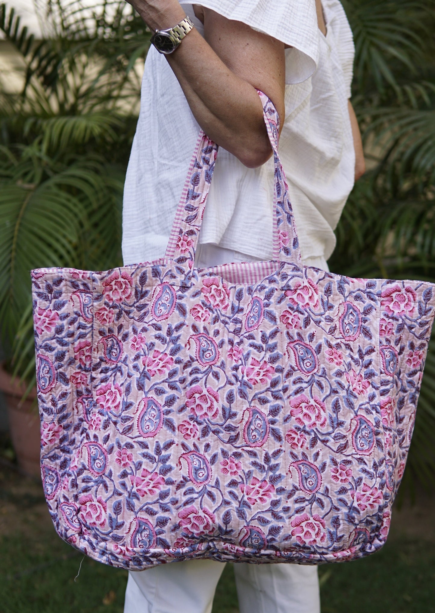 block print beach bag, large tote, reversible cotton tote bag