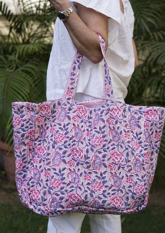 Beach Bag, XL cotton, block print and contrast lining with pocket. large beach bag, large tote bag