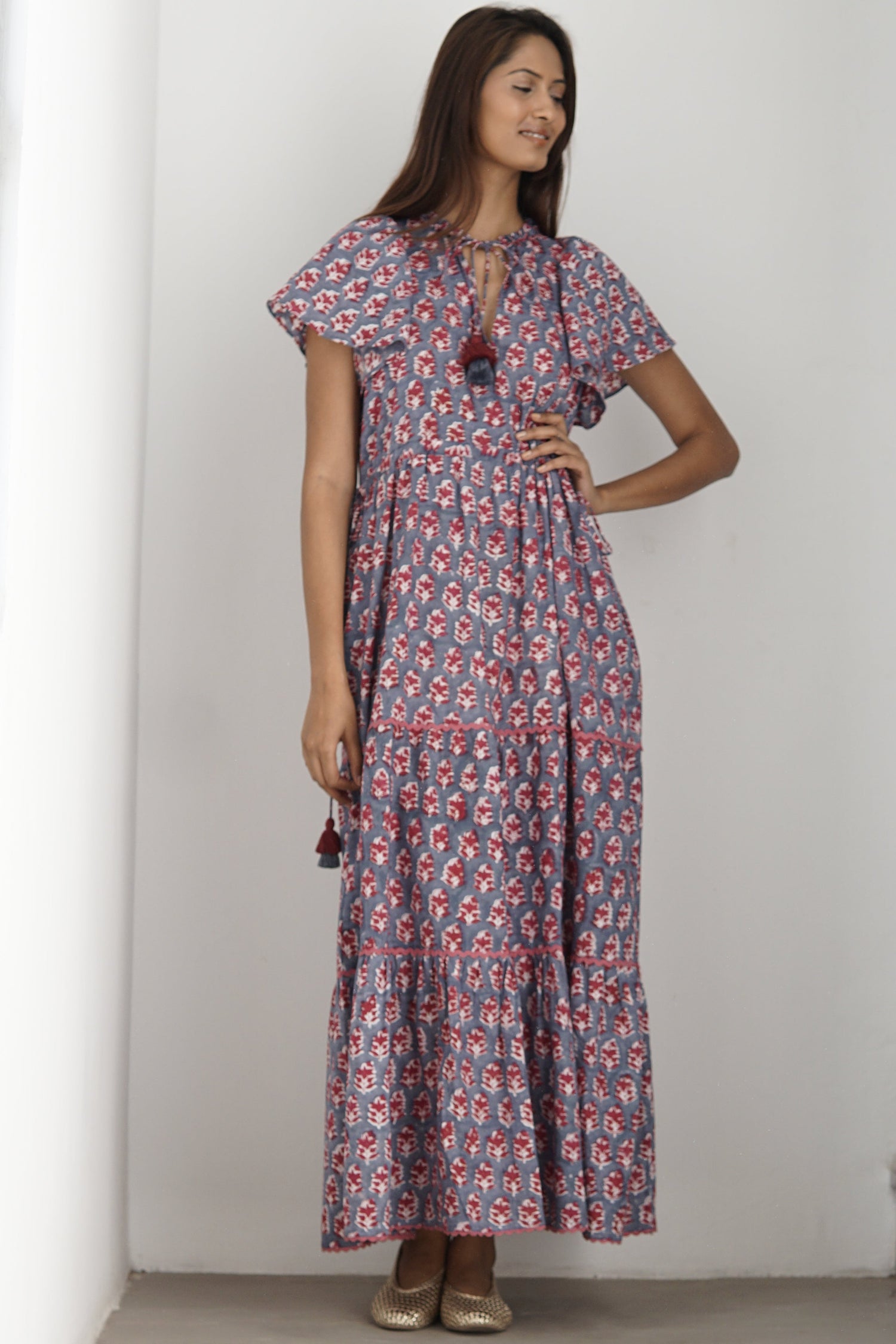 Beach dress, block printed cotton summer maxi dress with pockets Ramona