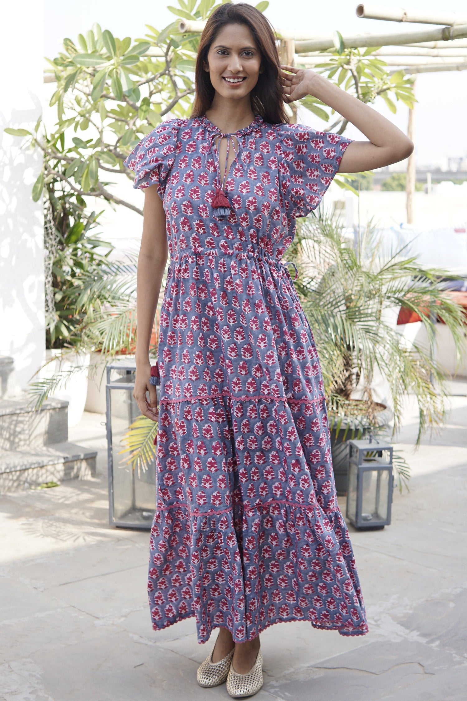 Beach dress, block printed cotton summer maxi dress with pockets Ramona
