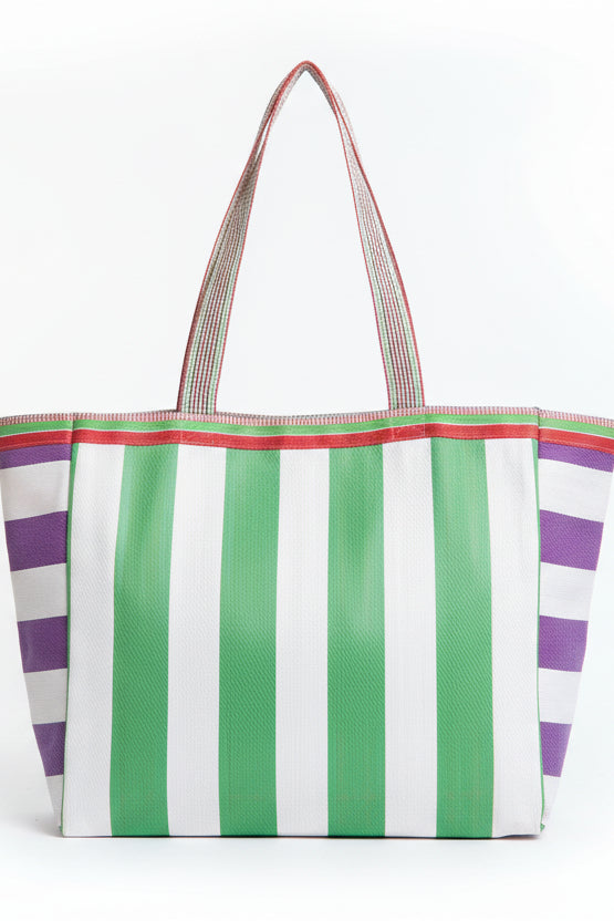 Beach bag, colourful  striped, weekender, tote, shopper Medium size, made from recycled nylon.