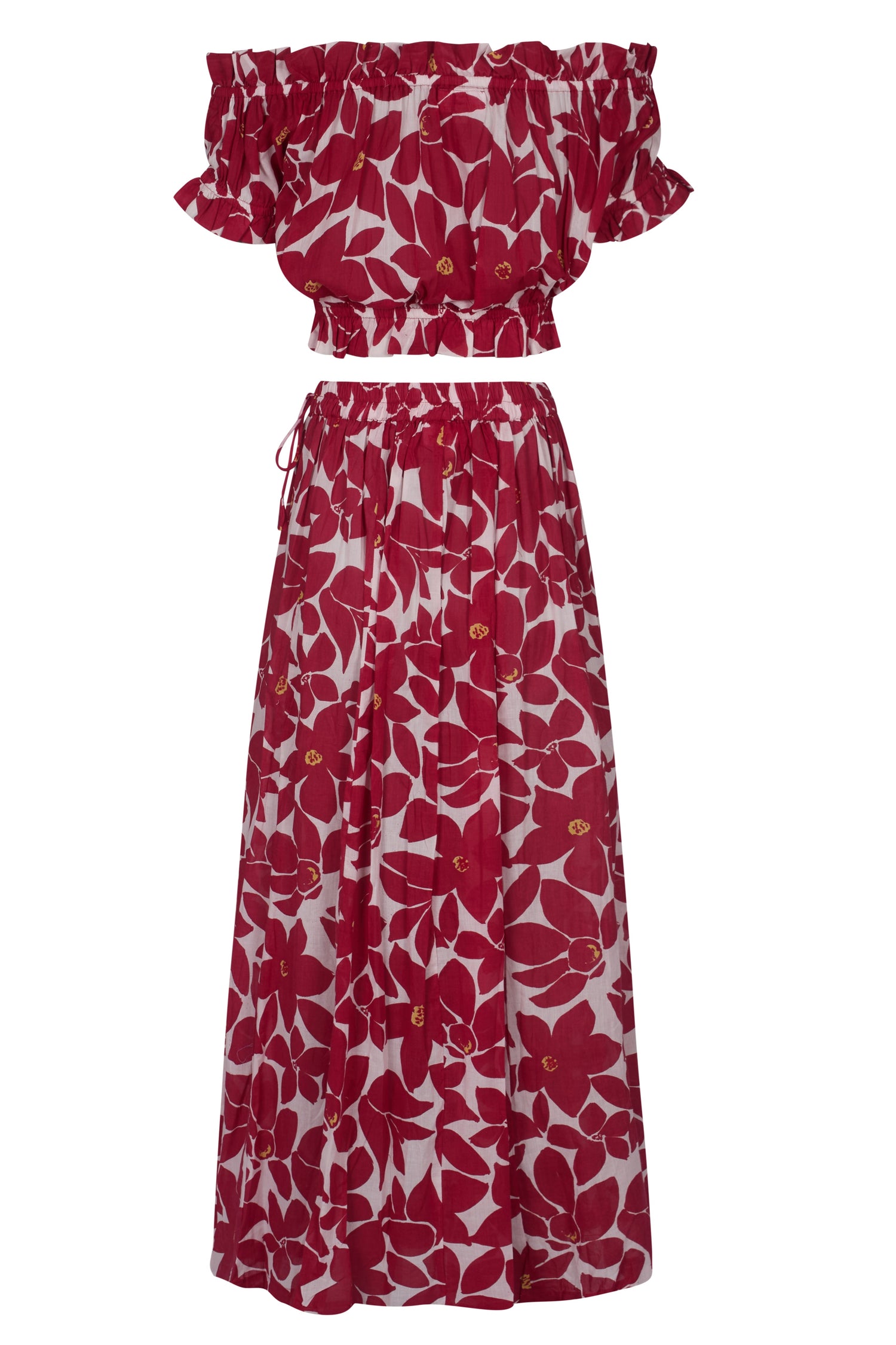 Co-ord set, red and cream cotton skirt and top, Carmen summer co-ord set