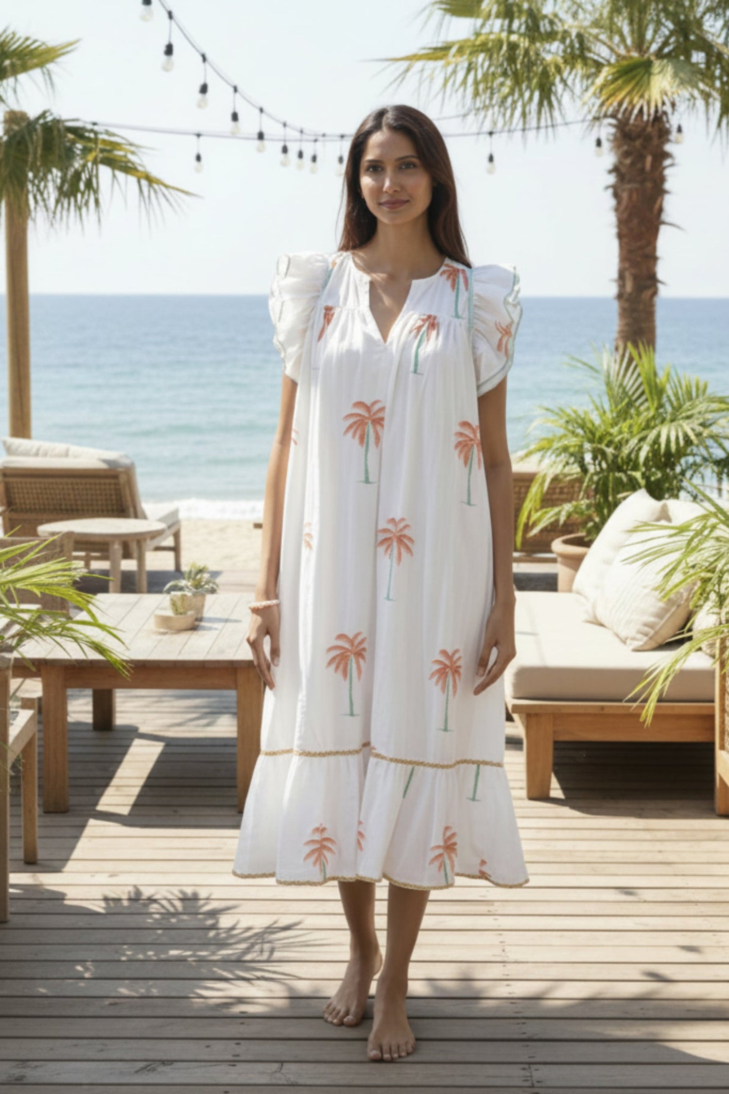 Summer dress, floaty white cotton summer midi dress with pockets 'Palmeraie'