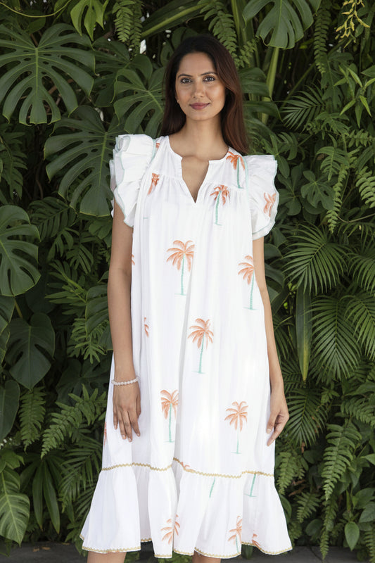 Summer dress, floaty white cotton summer midi dress with pockets 'Palmeraie'