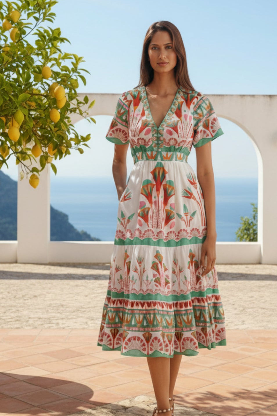 White floral print Summer midi dress with pockets Emilia