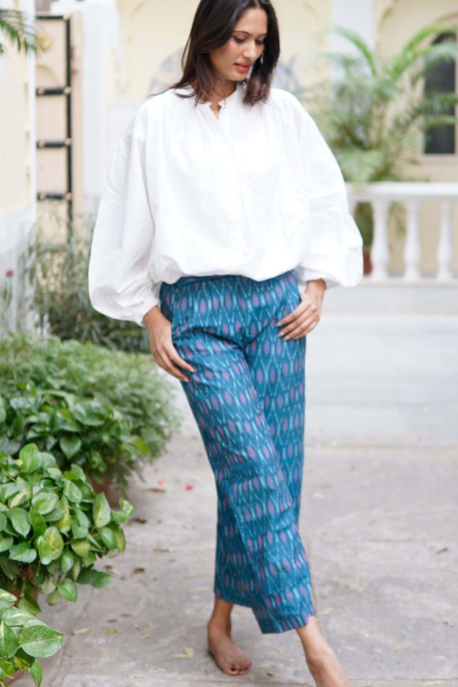 Pants, summer pants with pockets, green and purple handloomed ikat cotton trousers with pockets
