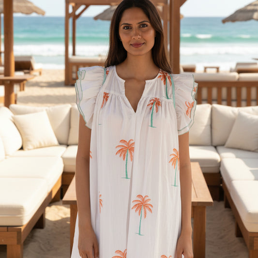 Summer dress, floaty white cotton summer midi dress with pockets 'Palmeraie'