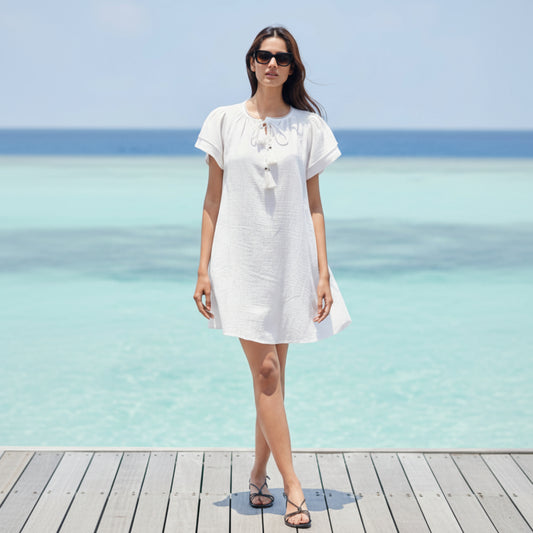 Beach dress, white cotton beach cover-up with pockets