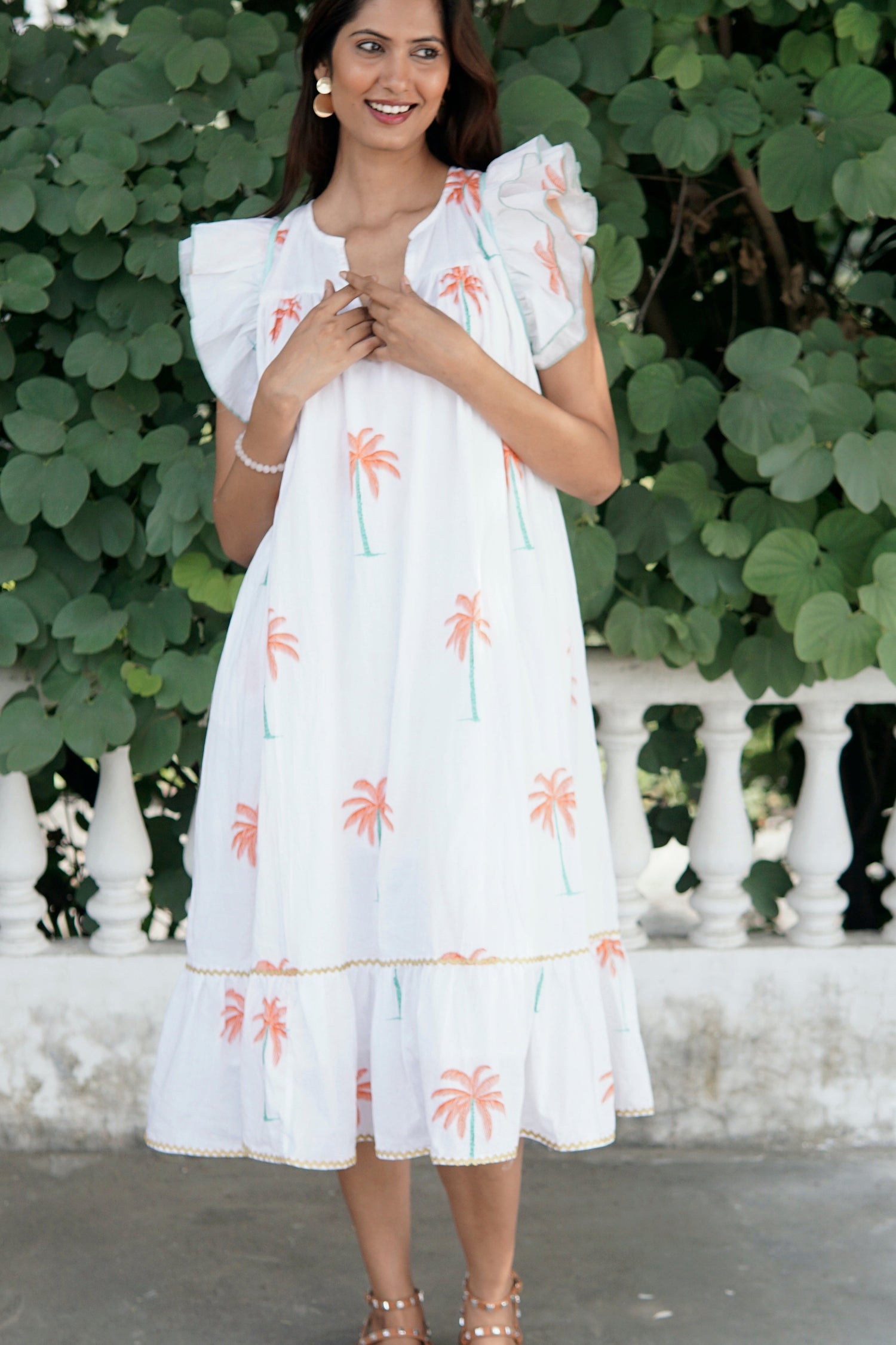 Summer dress, floaty white cotton summer midi dress with pockets 'Palmeraie'