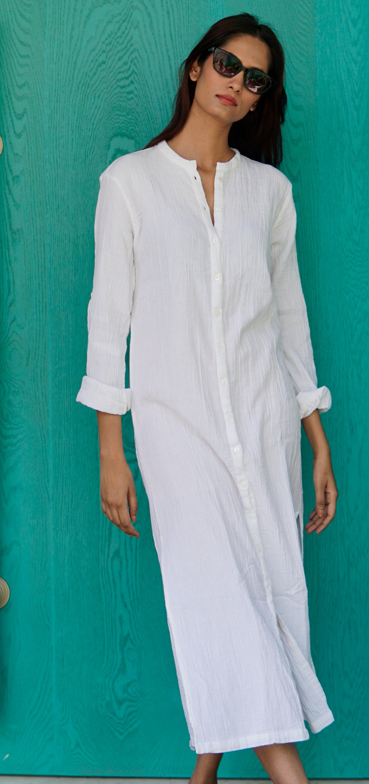 Capri Long white kaftan, Luxury white beach cover-up, cheesecloth beach kaftan with pockets