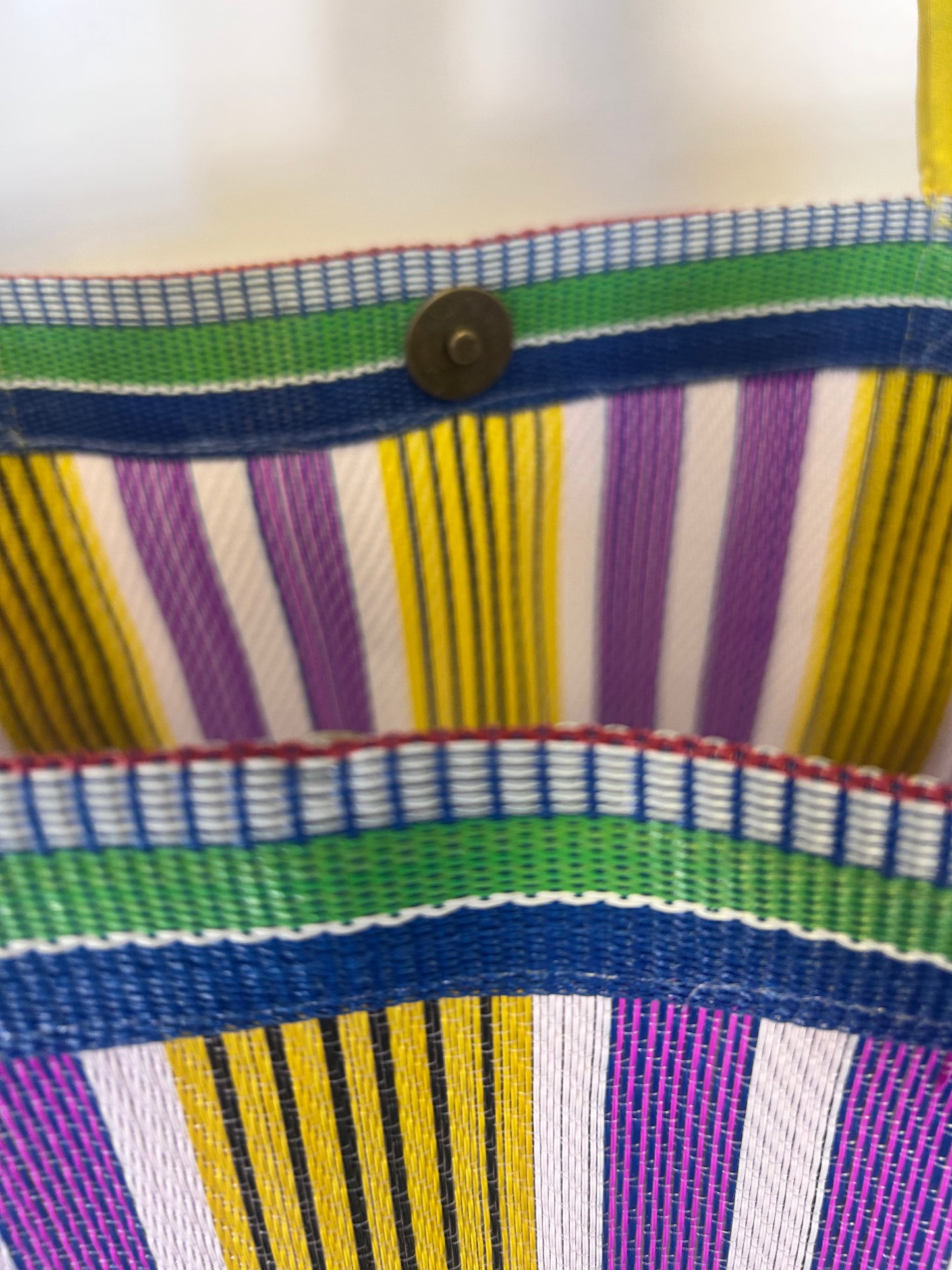 recycled plastic tote bag, yellow and purple and white striped tote bag, ethical shopper, beach bag.
