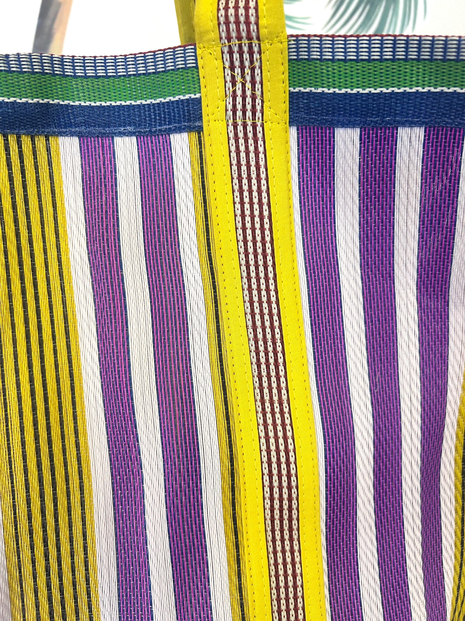 Beach bag, colourful striped tote, recycled nylon.