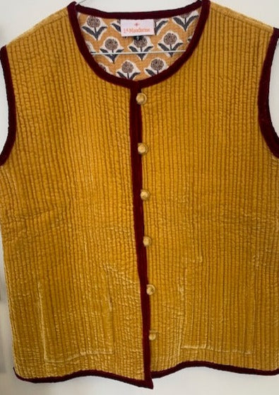 Quilted cotton and silk velvet reversible waistcoat - turmeric yellow