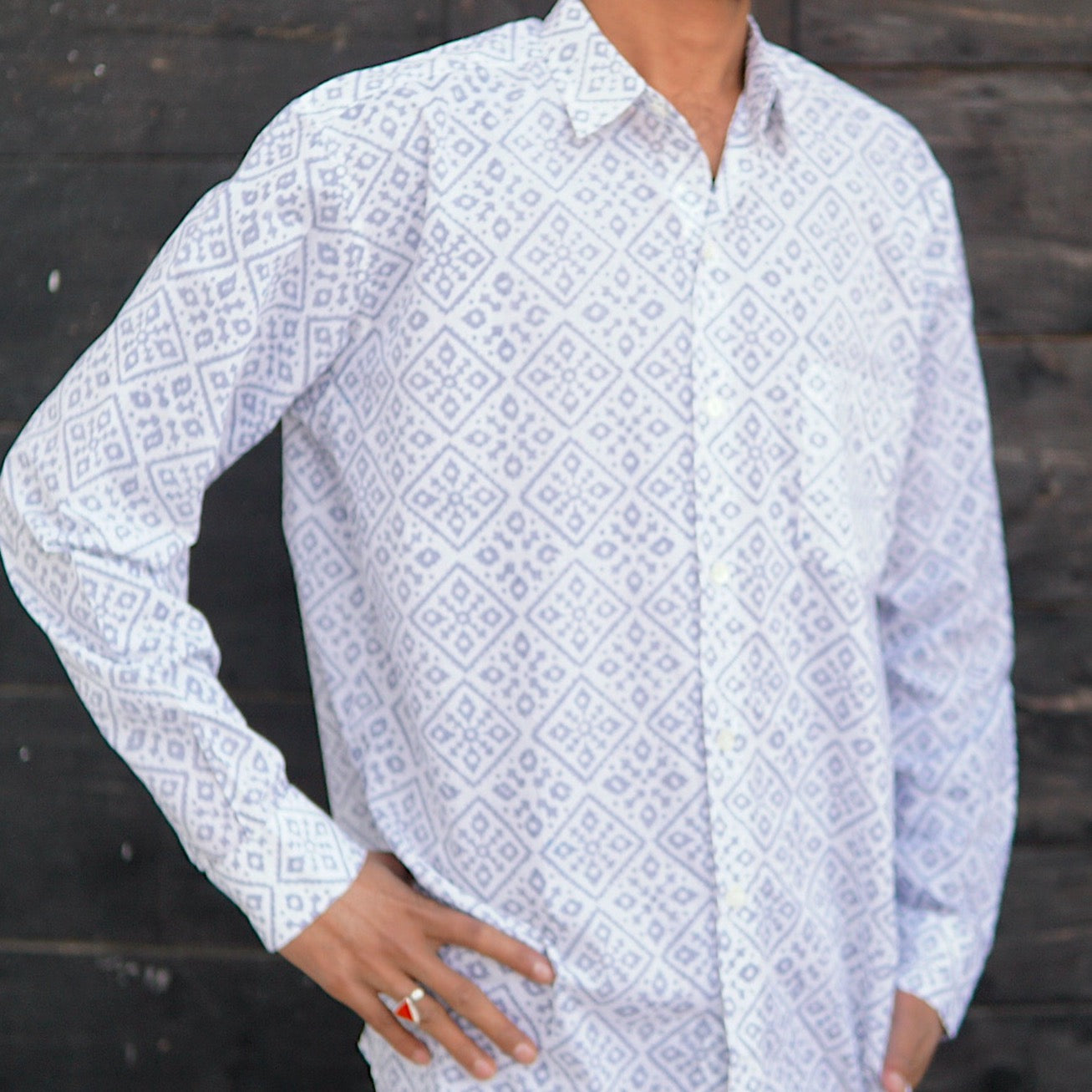 mens blue and white organic cotton beach shirt, mens long sleeved summer shirt, blue and white block print mens shirt