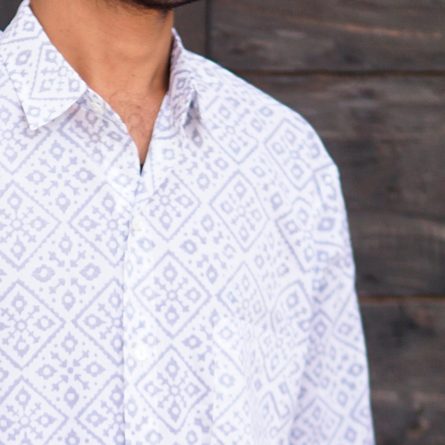 mens blue and white organic cotton beach shirt, mens long sleeved summer shirt, blue and white block print mens shirt