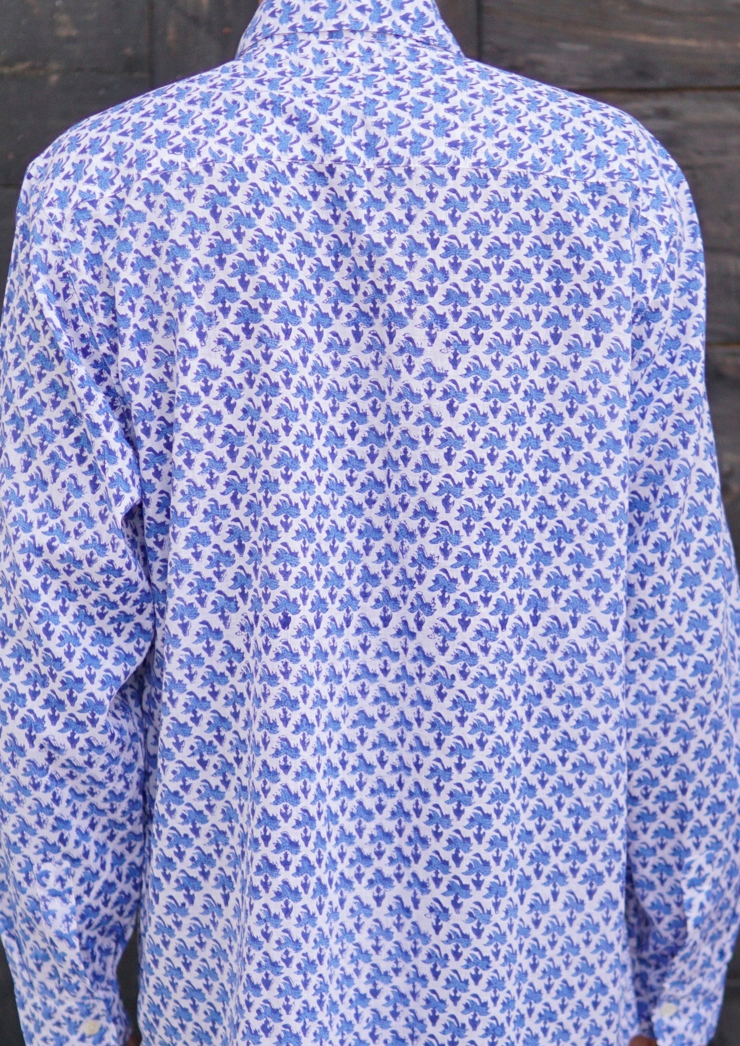 blue and white cotton mens summer shirt. mens block printed summer beach shirt. Mens holiday shirt, resortwear, beachwear for men, holiday shirt for men, blue and white long sleeve men's cotton shirt