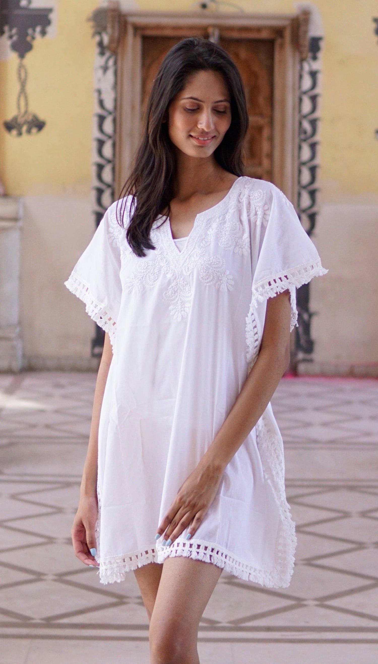 kaftan, boho white cotton embroidered beach cover-up with tassle trim