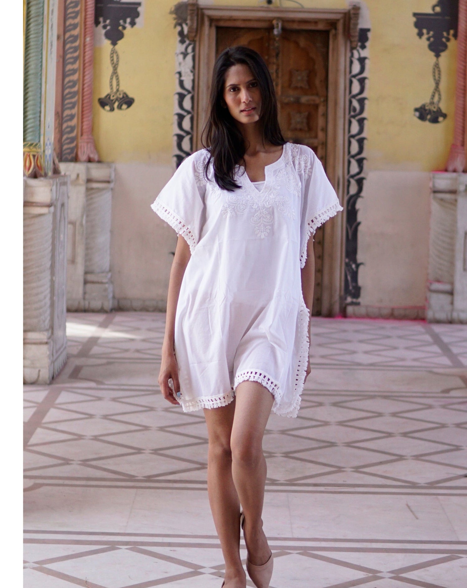 kaftan, boho white cotton embroidered beach cover-up with tassle trim