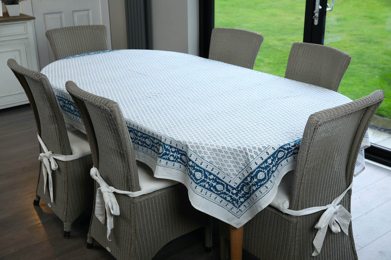 Provencal blue and white cotton table cloth, block print table cloth, 60" x 90"