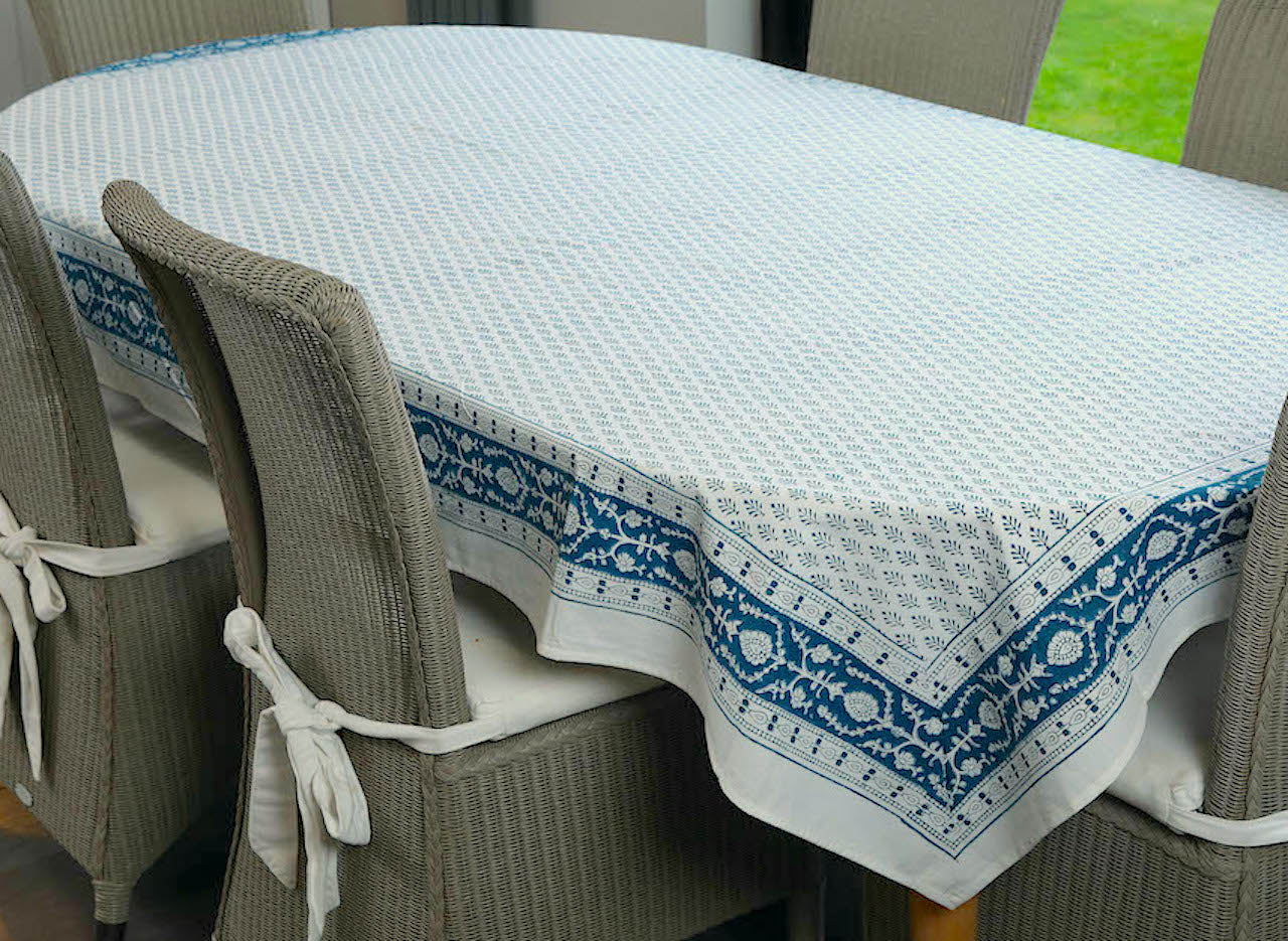 Provencal blue and white cotton table cloth, block print table cloth, 60" x 90"