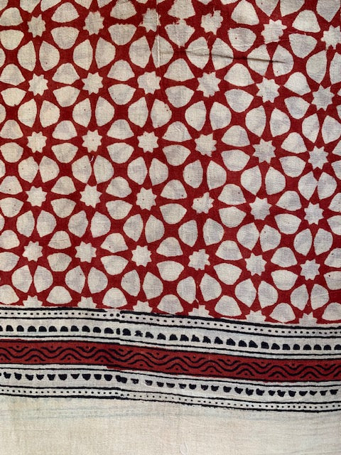 Pareo, red and beige block print cotton sarong