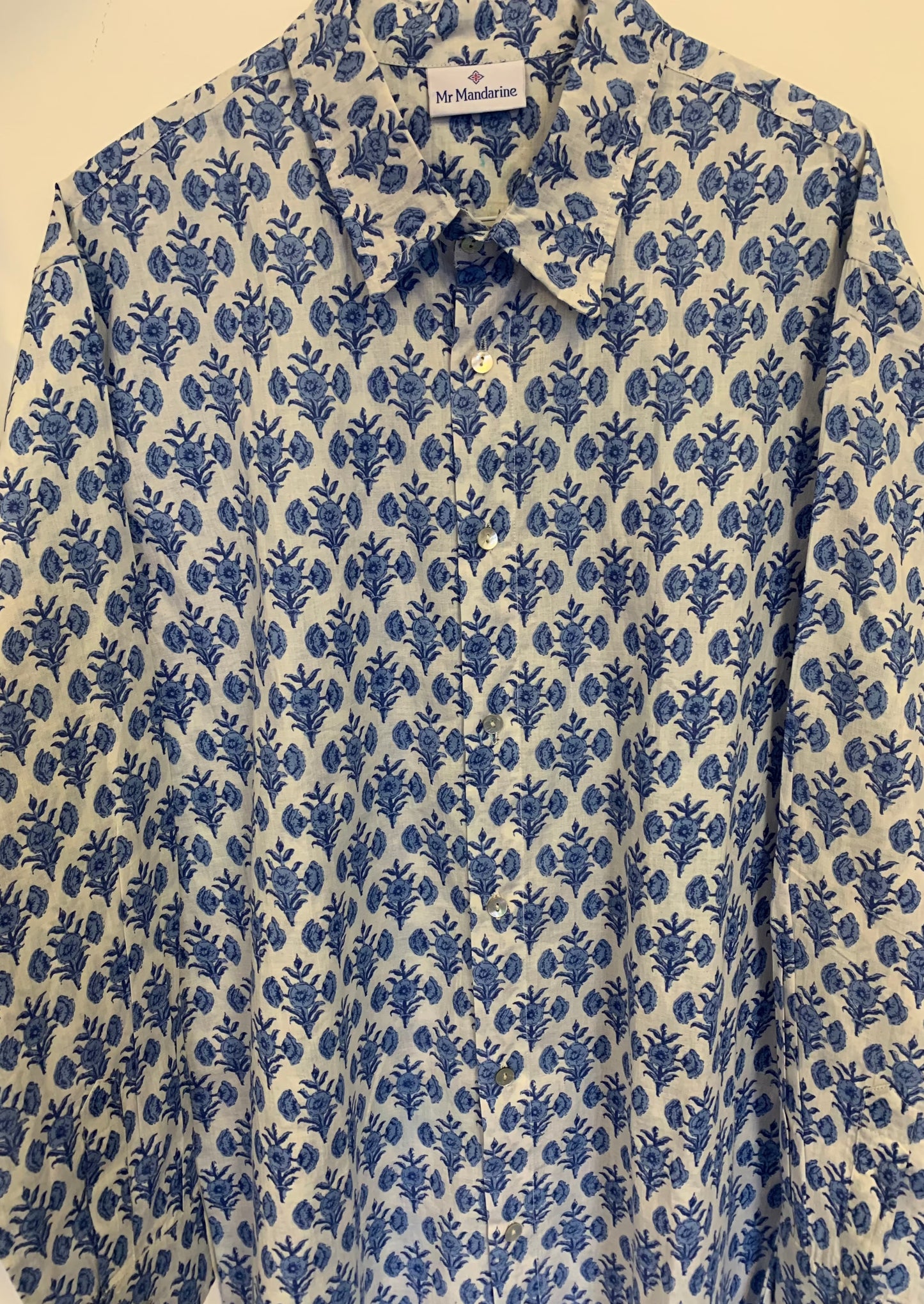 Mens cotton block print summer shirt, blue and white cotton shirt