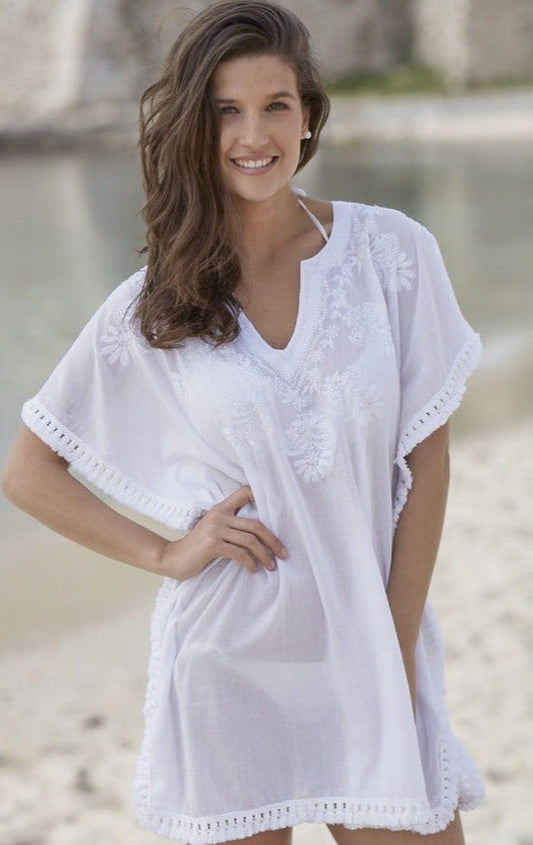 kaftan, boho white cotton embroidered beach cover-up with tassle trim