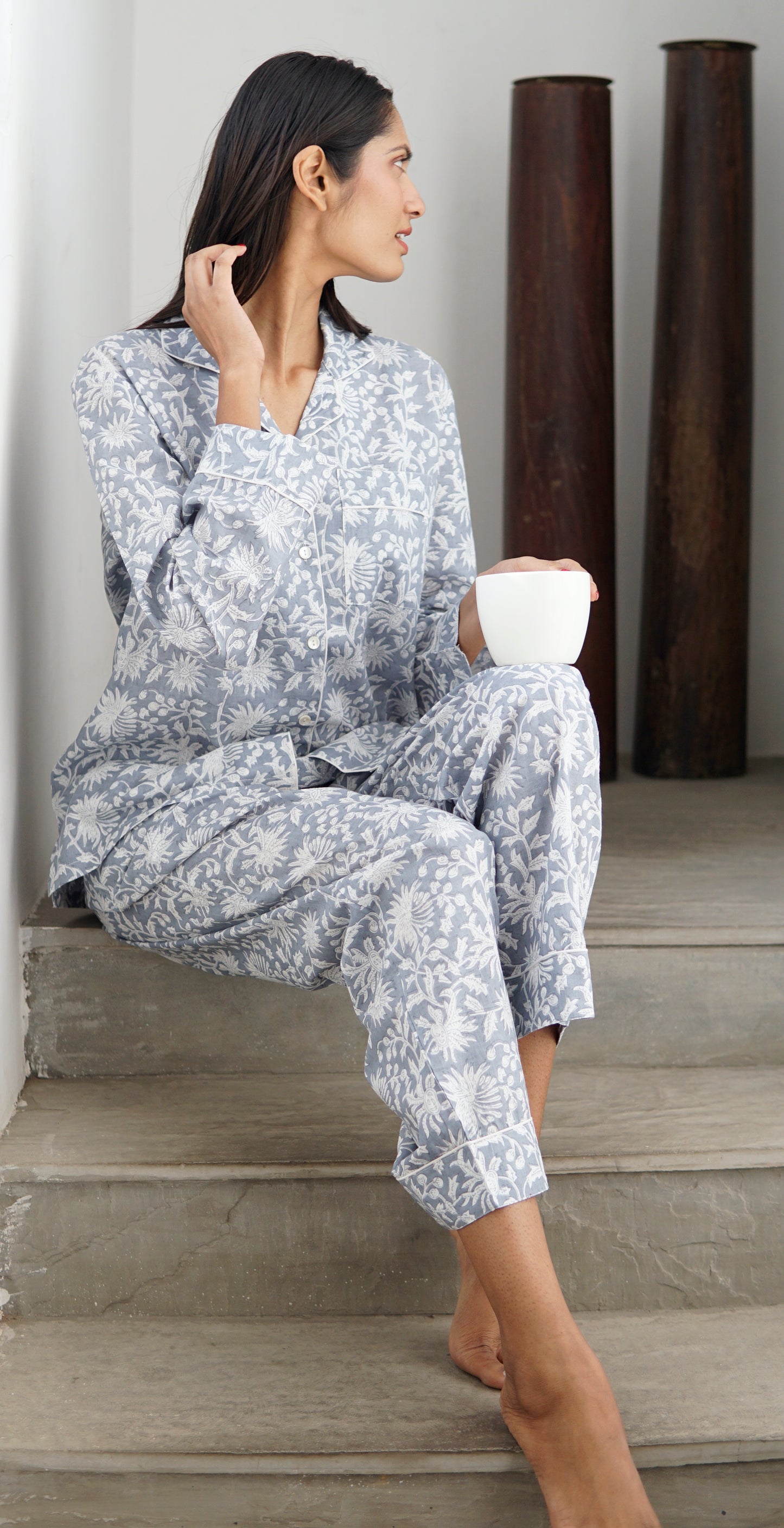 Pyjamas, handmade cotton pyjamas for women. silver grey and white cott