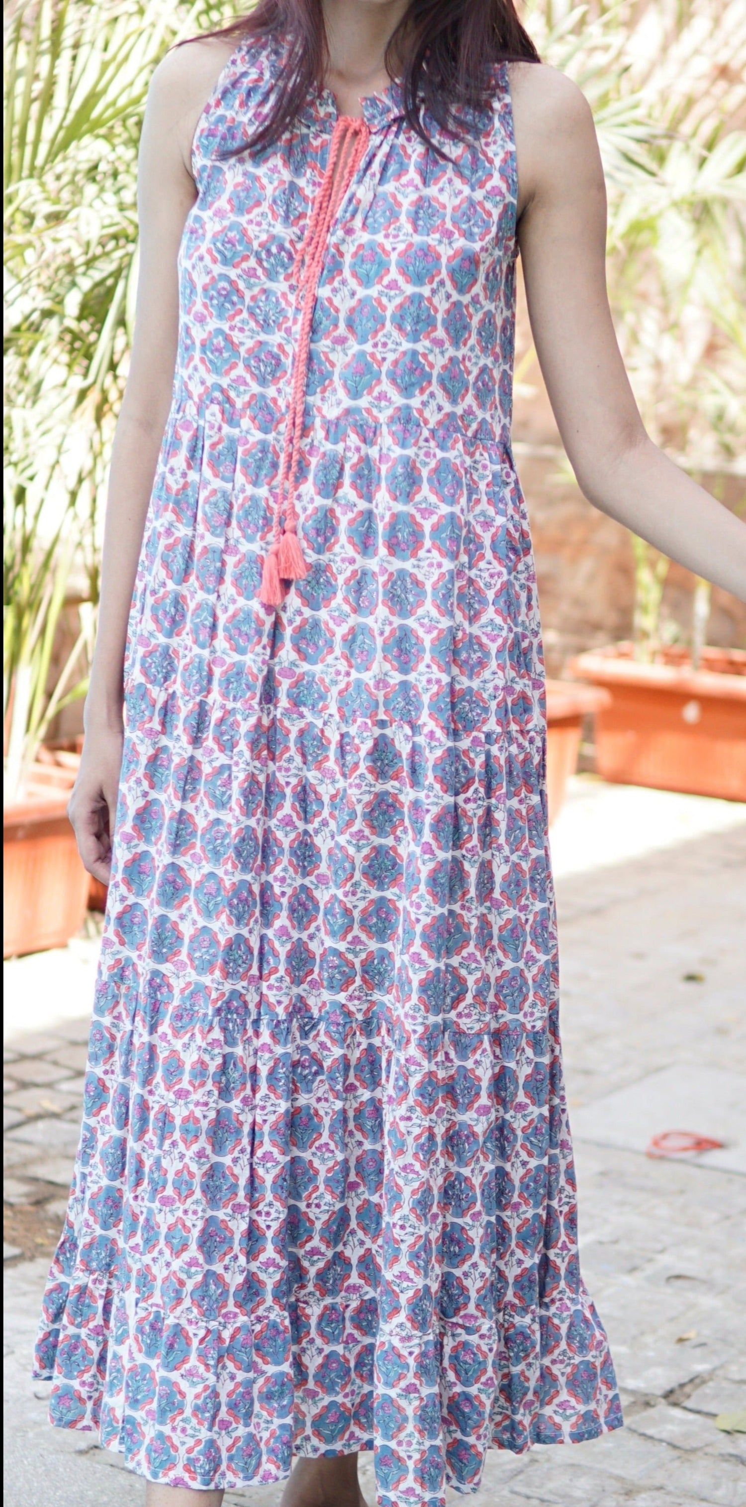 Beach dress, summer maxi dress, boho printed maxi dress, blue and coral cotton print.