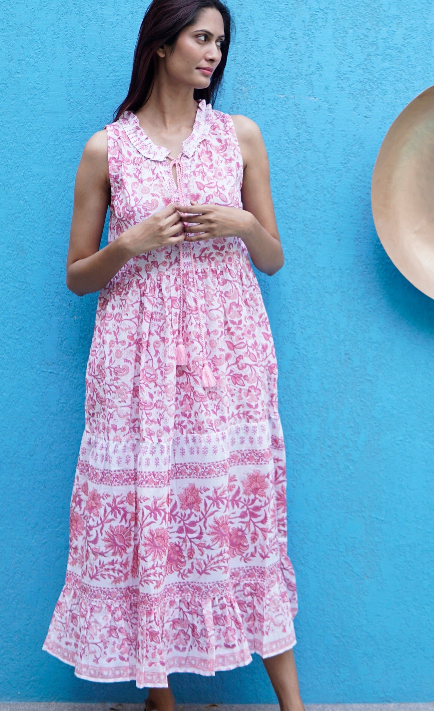 Beach dress, summer maxi dress, boho printed maxi dress, pink and white cotton print.
