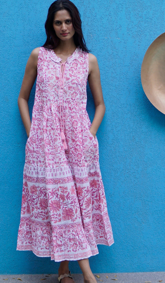 Beach dress, summer maxi dress, boho printed maxi dress, pink and white cotton print.