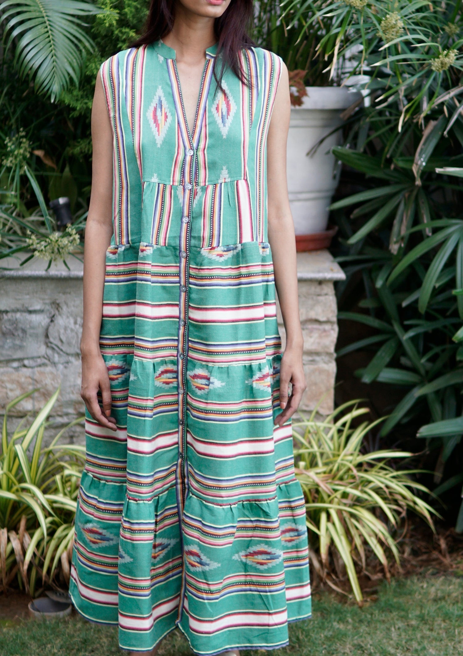 Green navaho print Summer maxi dress. Handloom summer Maxi dress