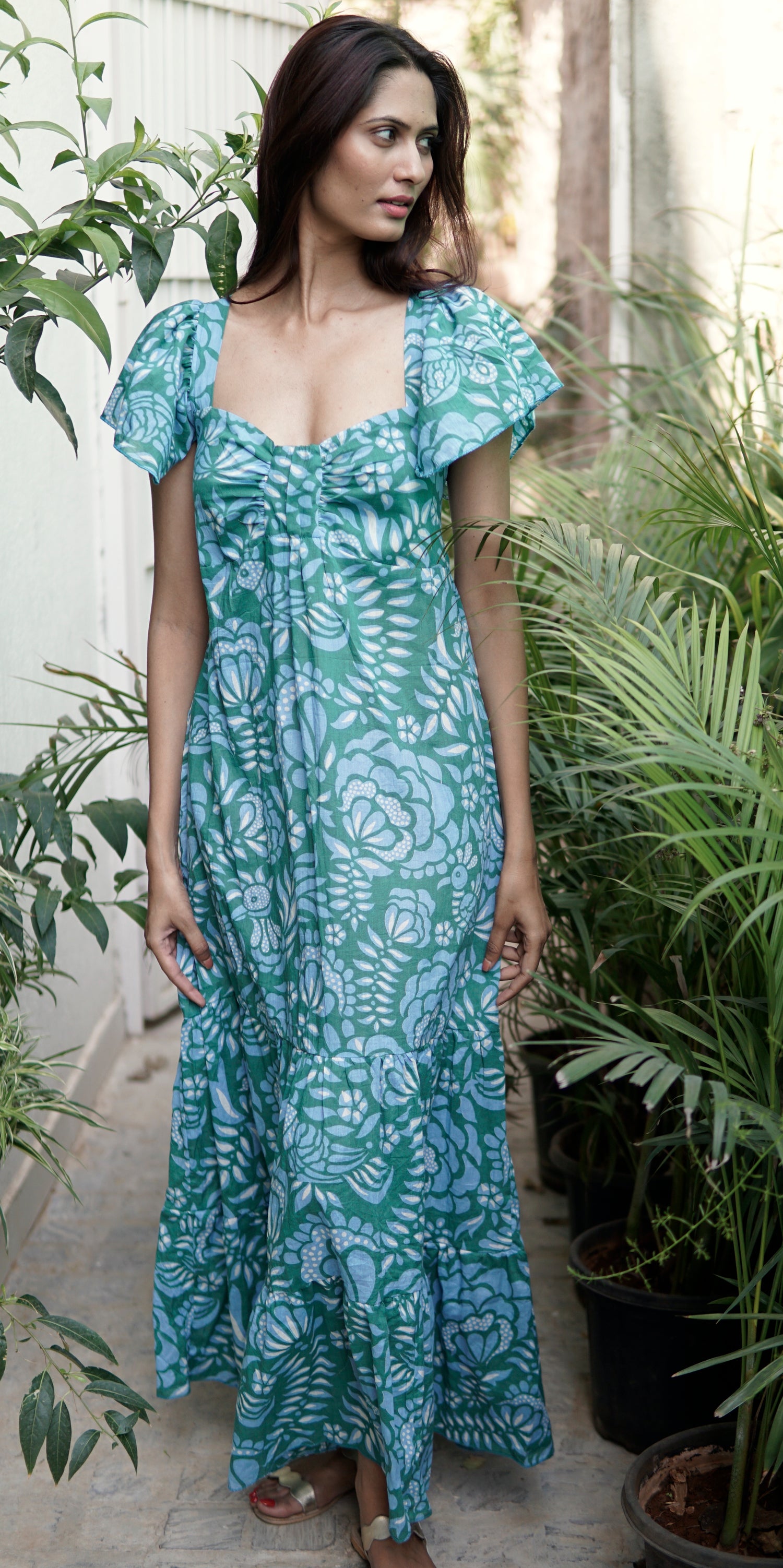 Gaelle Summer maxi dress. Green, blue and white cotton, printed maxi dress