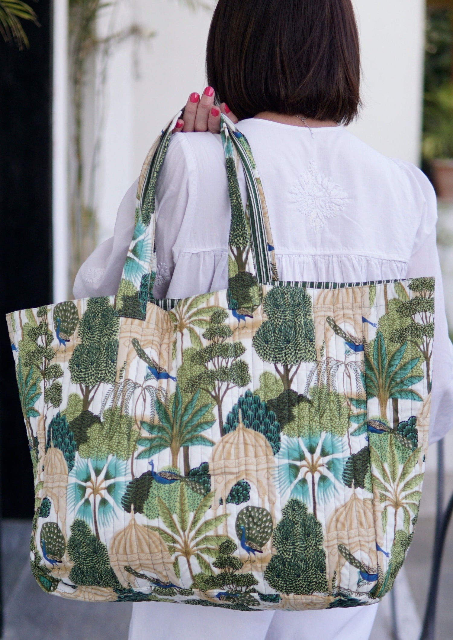 Beach Bag, XL cotton, block print and contrast lining with pocket.