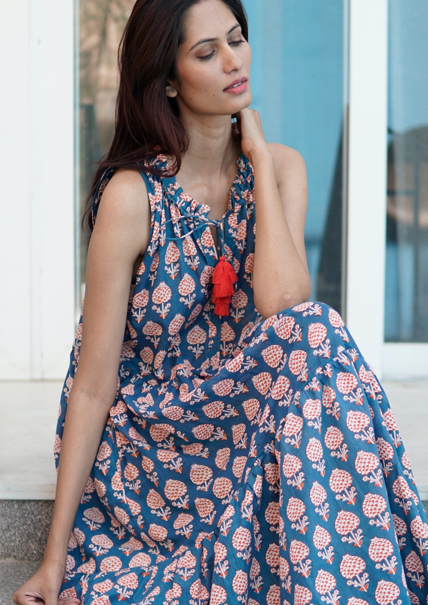 boho maxi summer dress for women, block print beach dress with pockets, cotton maxi dress, floral cotton summer dress