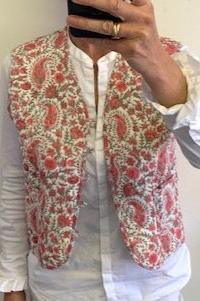 Quilted waistcoat, block print cotton, pink and green reversible padded gilet, handmade short waistcoat