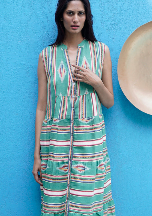 Green navaho print Summer maxi dress. Handloom summer Maxi dress