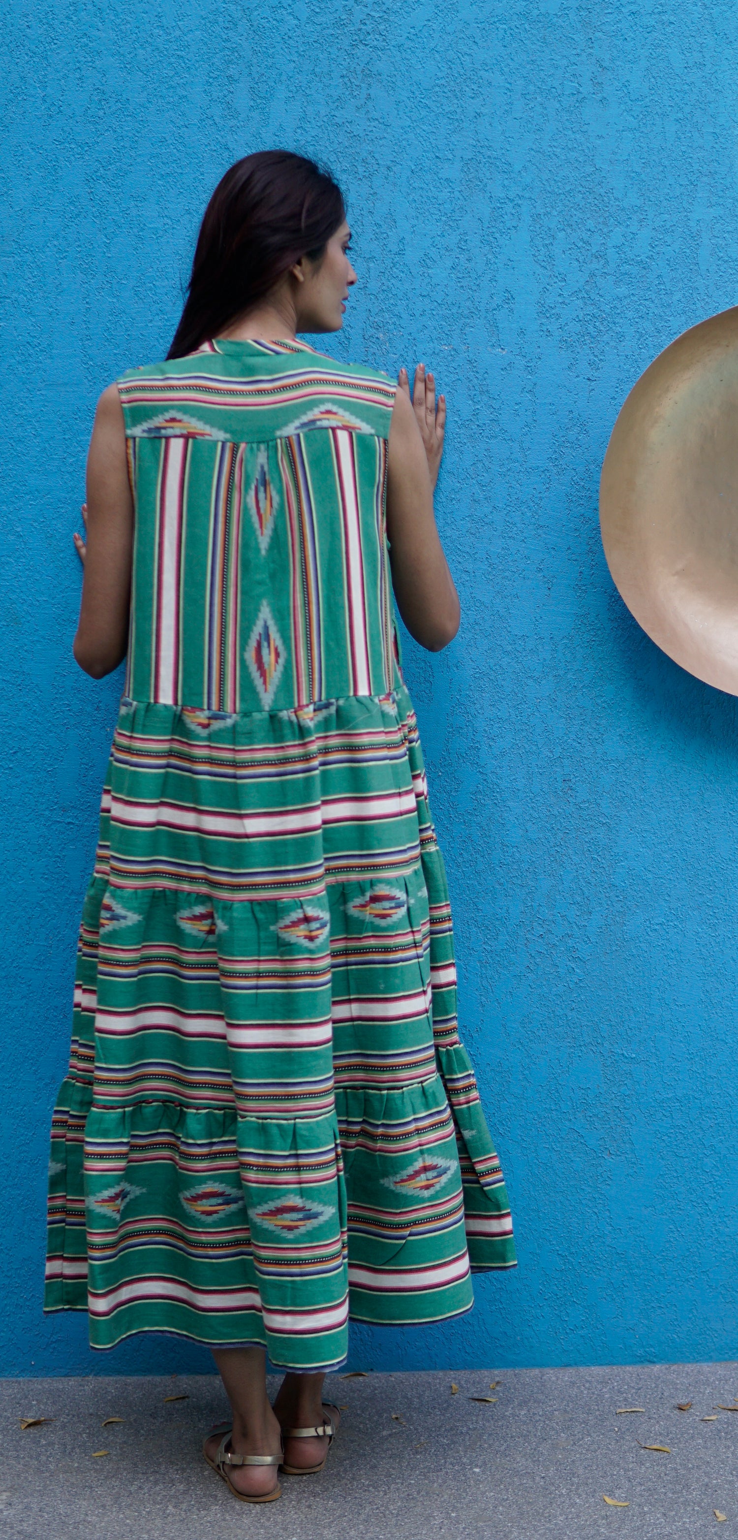 Green navaho print Summer maxi dress. Handloom summer Maxi dress