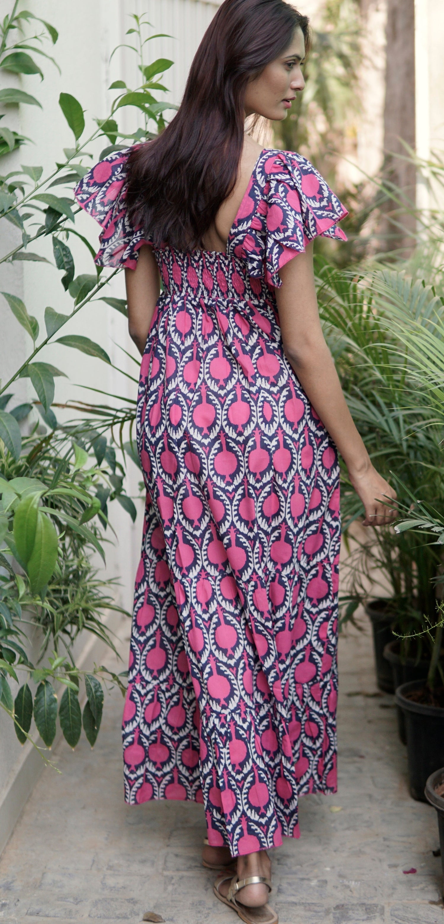 Fiesta Summer maxi dress. Pink, blue and white cotton, printed maxi dress