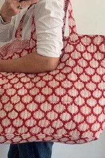 extra large beach bag, block print cotton beach bag, large tote bag, tote bag with red and white floral print and coordinating stripe inside. pocket. 