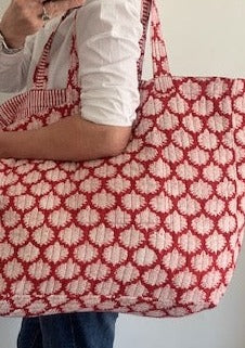 extra large beach bag, block print cotton beach bag, large tote bag, tote bag with red and white floral print and coordinating stripe inside. pocket. in quilted cotton and gorgeous block print fabrics.
