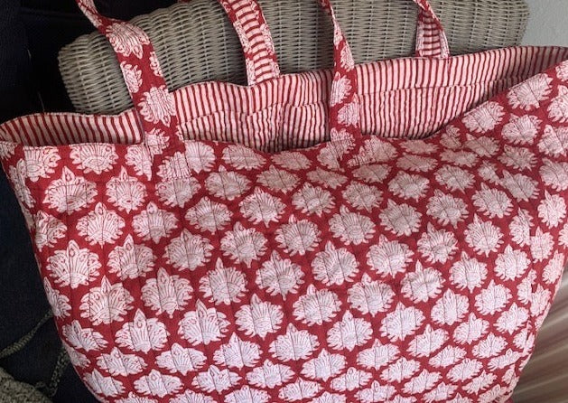 extra large beach bag, block print cotton beach bag, large tote bag, tote bag with red and white floral print and coordinating stripe inside. pocket. 