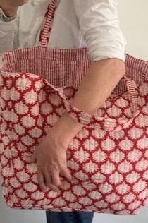 extra large beach bag, block print cotton beach bag, large tote bag, tote bag with red and white floral print and coordinating stripe inside. pocket. 