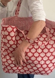 Beach Bag, XL red and white block print, contrast lining with pocket. large beach bag