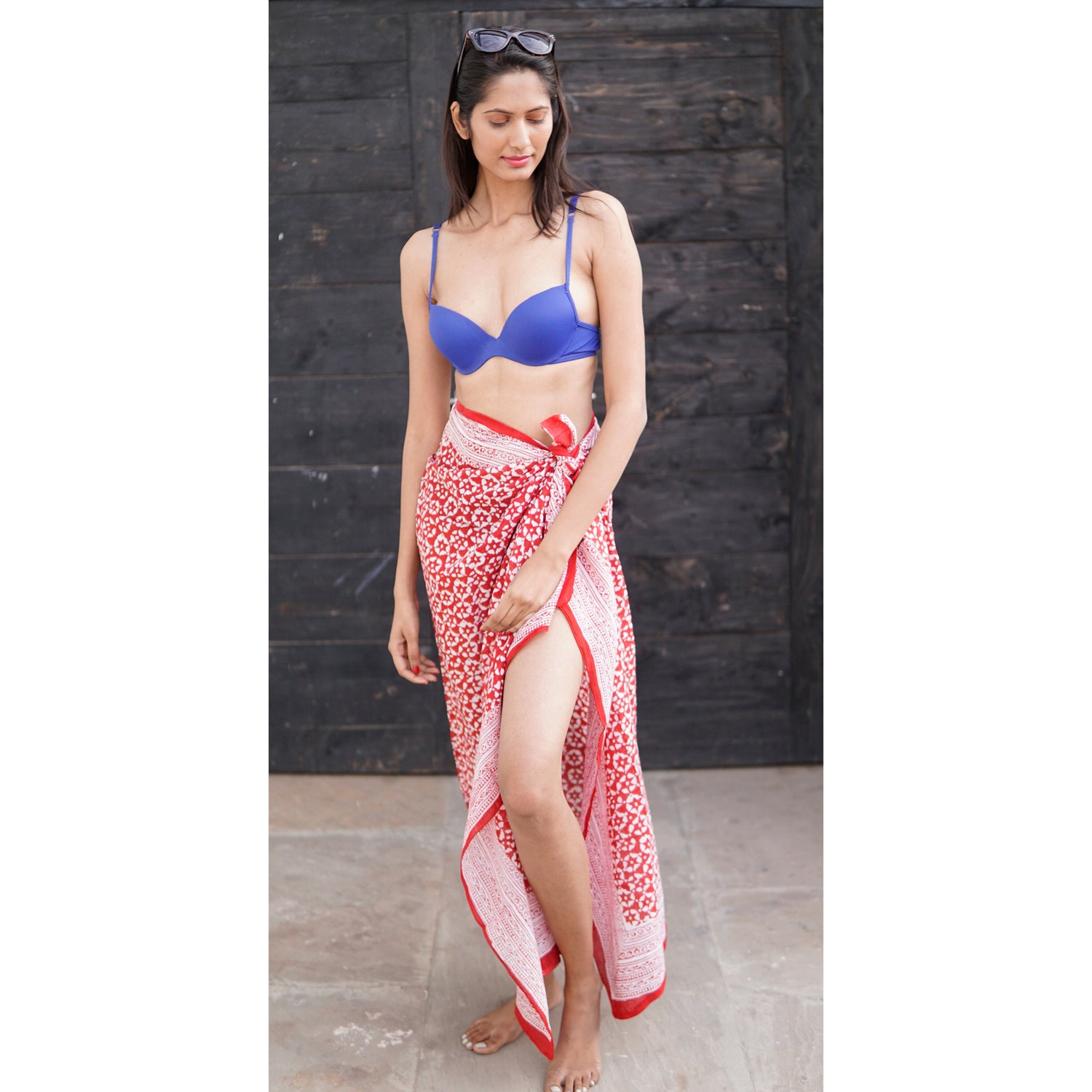 red and white block print pareo, cotton sarong, beach coverup
